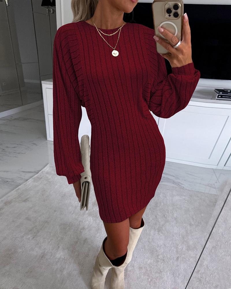 Lantern Sleeve Ribbed Long Sleeve Dress