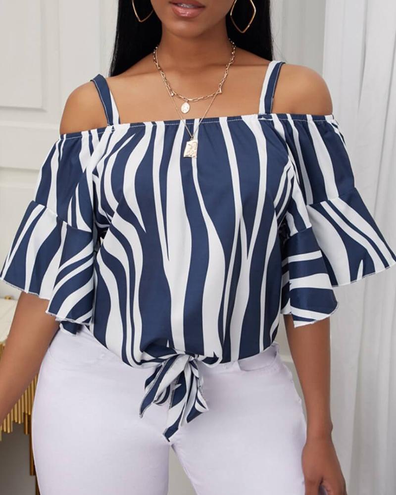 Zebra Stripe Print Cold Shoulder Bell Sleeve Top