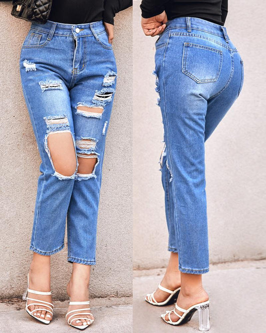 Ripped Cutout High Waist Button Design Jeans