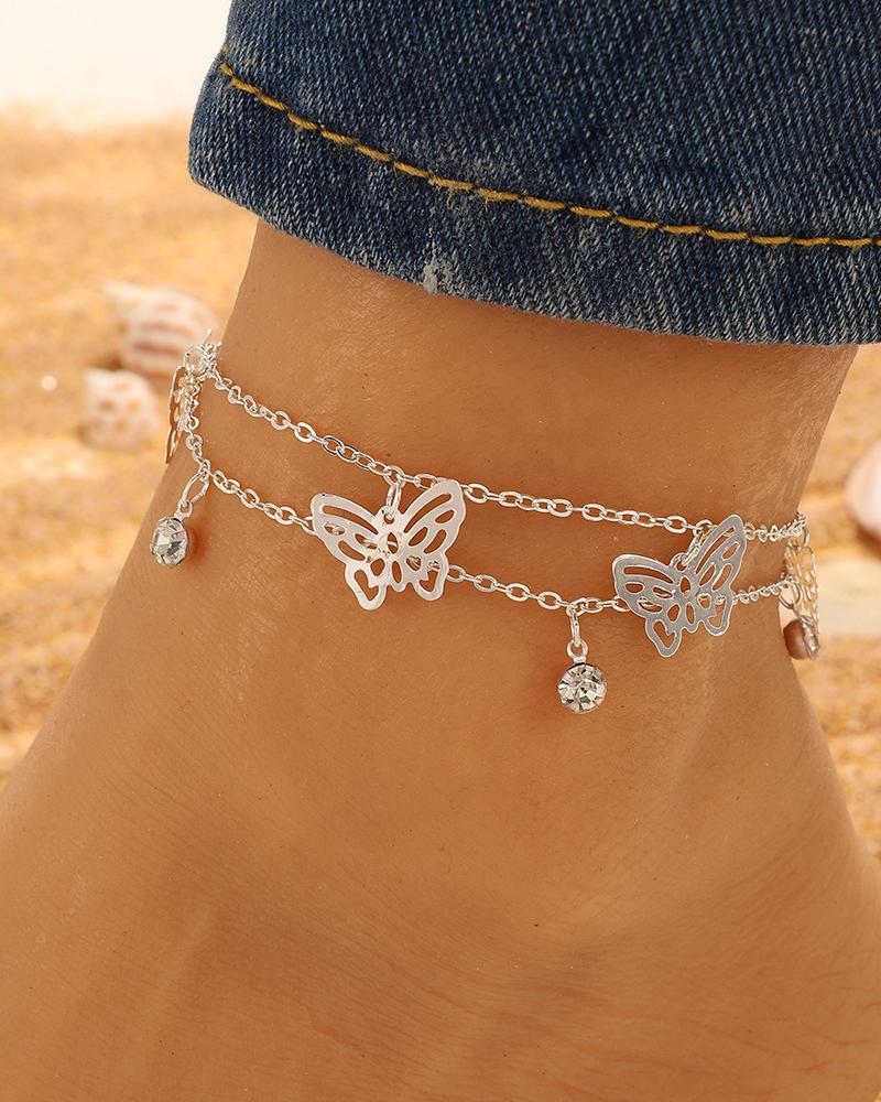 Butterfly Pattern Rhinestone Decor Multi layer Anklet