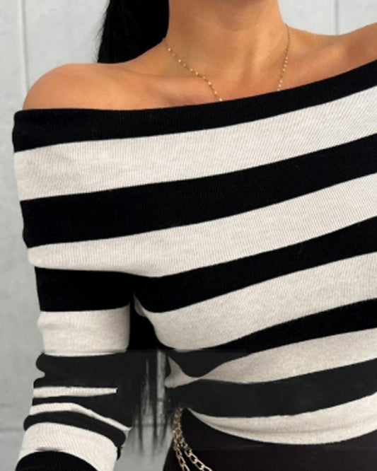 Striped Off Shoulder Long Sleeve Knit Sweater Slim Fit Pullover Top