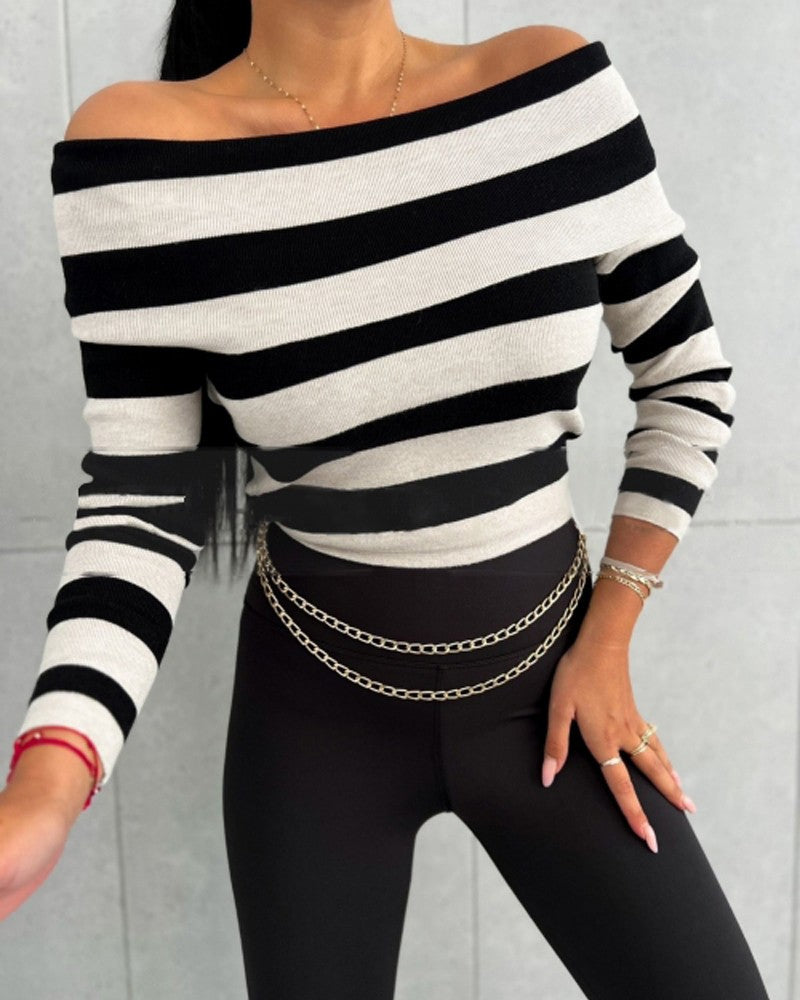 Striped Off Shoulder Long Sleeve Knit Sweater Slim Fit Pullover Top