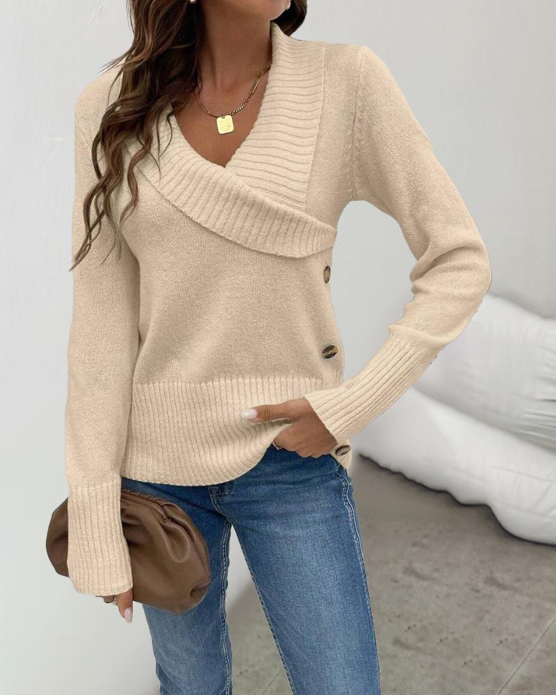 Shawl Collar Button Decor Knit Sweater