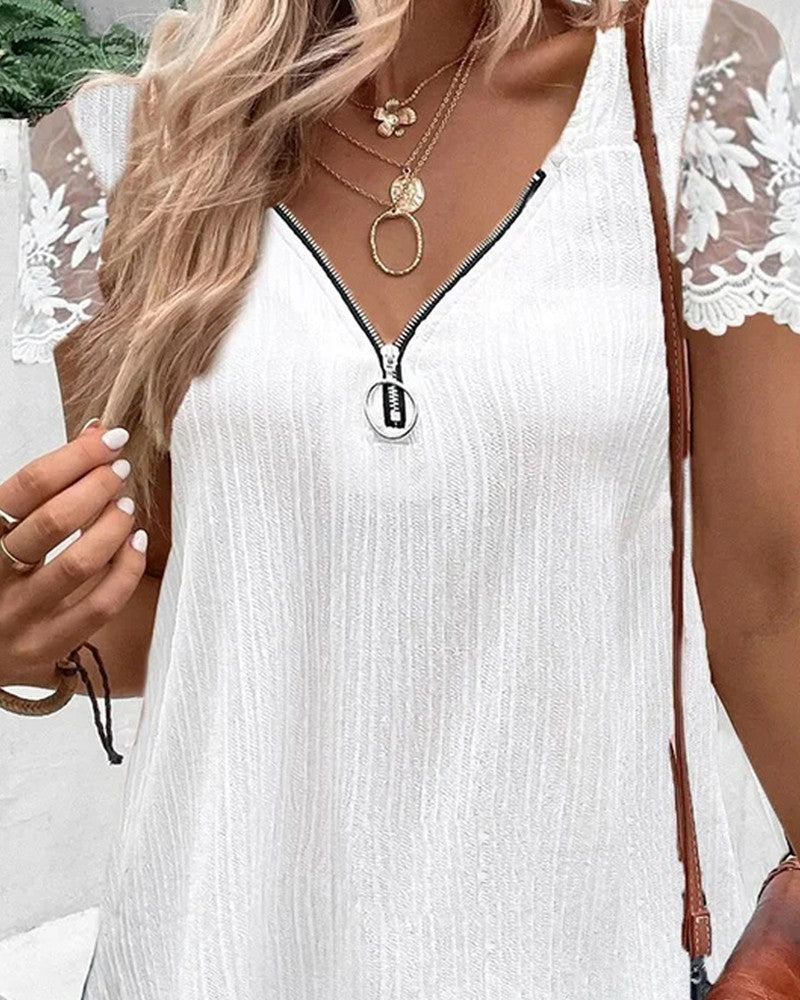 Contrast Lace Zipper Design V Neck Top