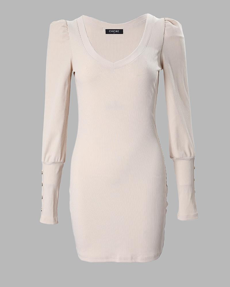 Button Decor Puff Sleeve Bodycon Dress