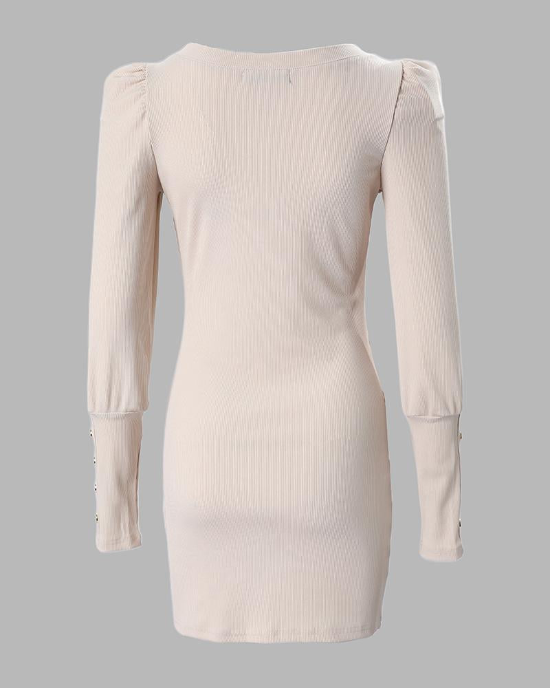 Button Decor Puff Sleeve Bodycon Dress