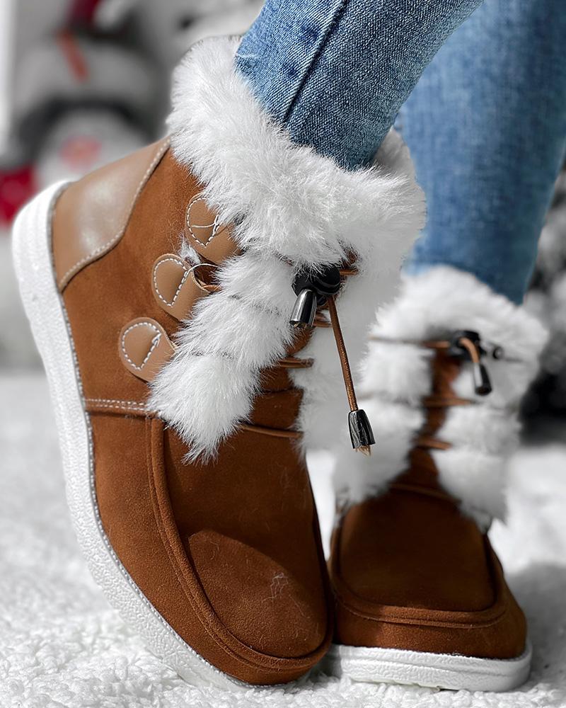 Drawstring Lace up Fuzzy Lined Ankle Boots