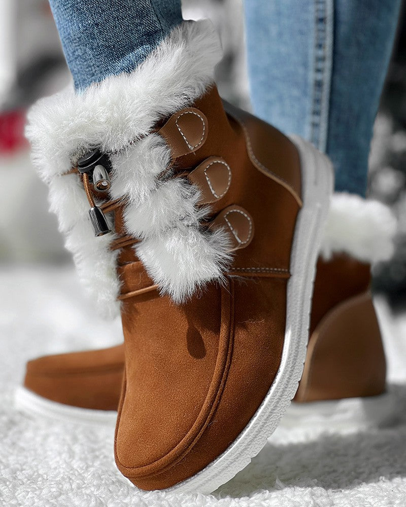 Drawstring Lace up Fuzzy Lined Ankle Boots