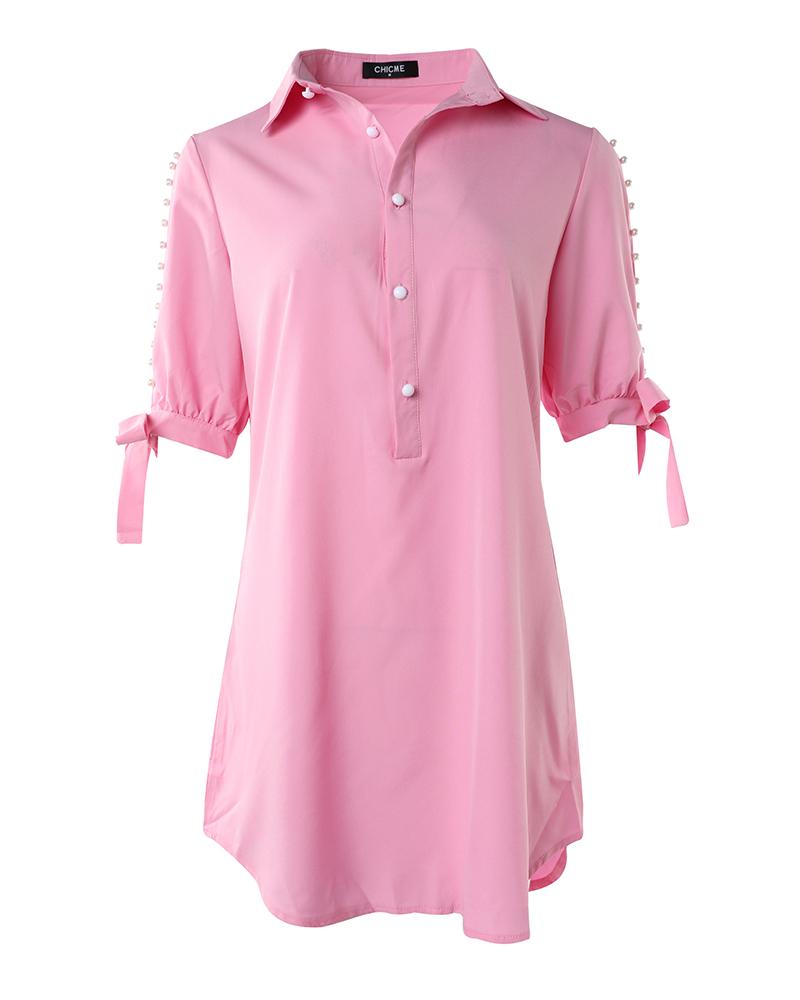 Split Sleeve Pearls Decor Shirt Dress