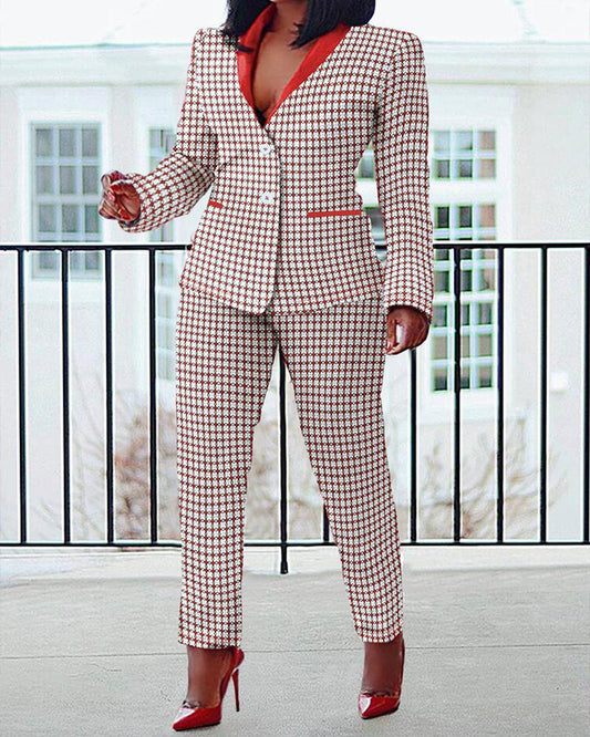 Plus Size Plaid Print Shawl Collar Blazer Coat & Pants Set