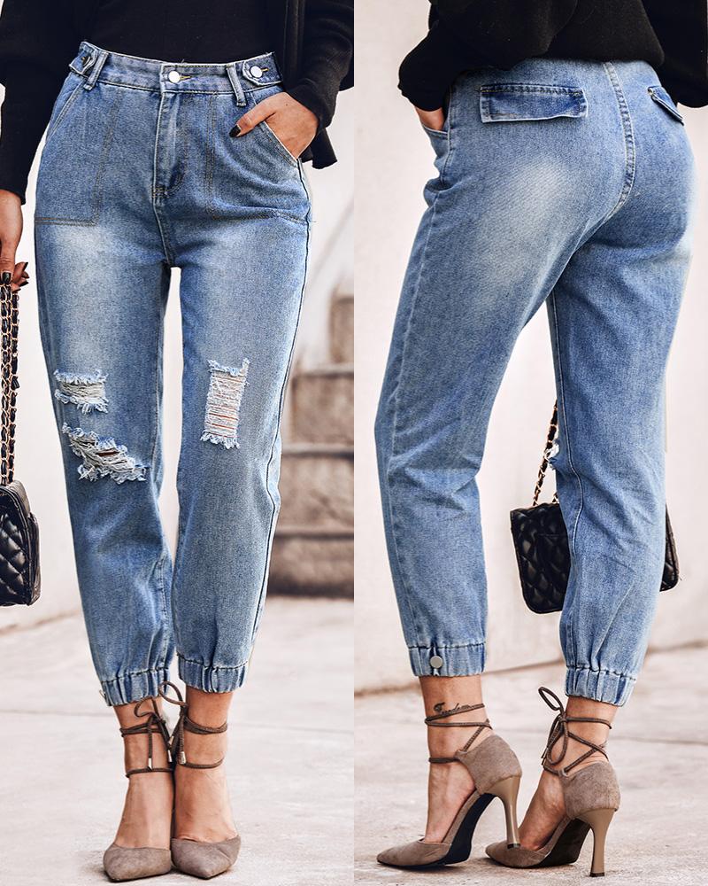 Zipper Fly Pocket Design Ripped Jeans