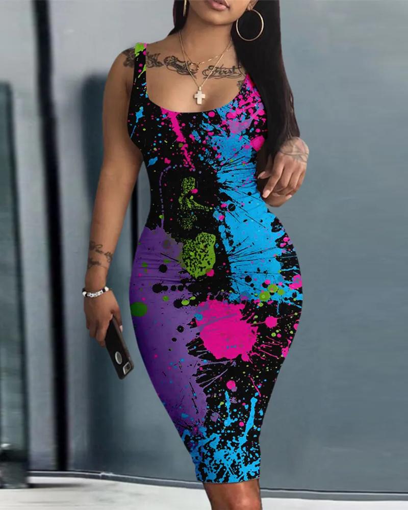 Ink Splash Print Sleeveless Bodycon Dress