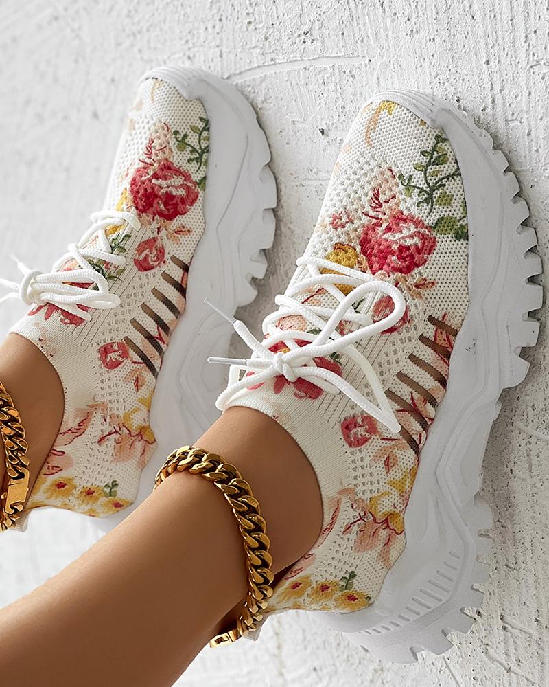 Floral Print Lace up Breathable Slip On Sneakers