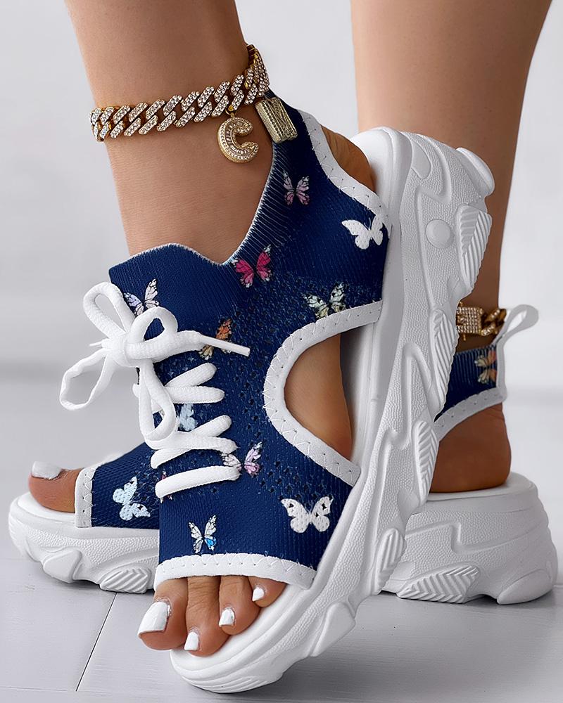 Floral Print Lace up Hollow Out Platform Wedge Sandals