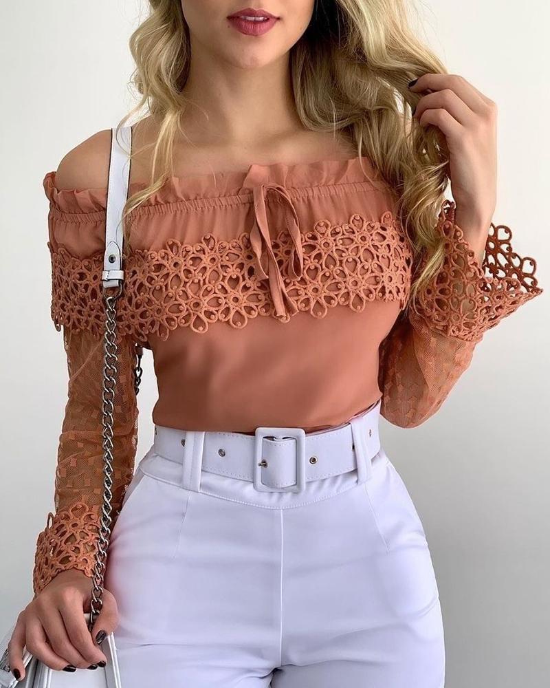 Off Shoulder Guipure Lace Frill Hem Drawstring Top