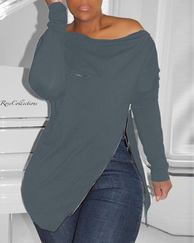 Zipper Design Cold Shoulder Slit Sweatshirt