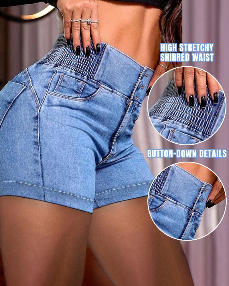 High Waist Buttoned Washed Denim Shorts