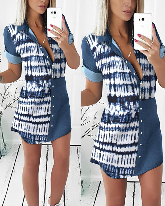 Tie Dye Print Patchwork Buttoned Shirt Dress