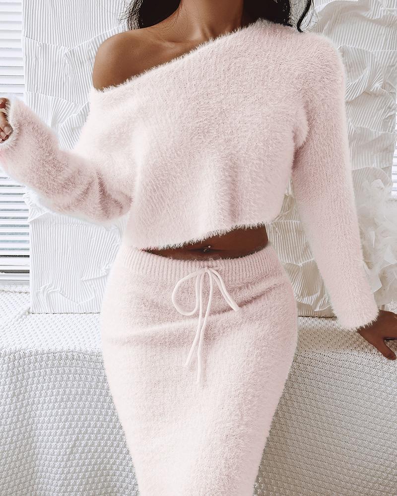 Skew Neck Fuzzy Knit Sweater & Skirt Set