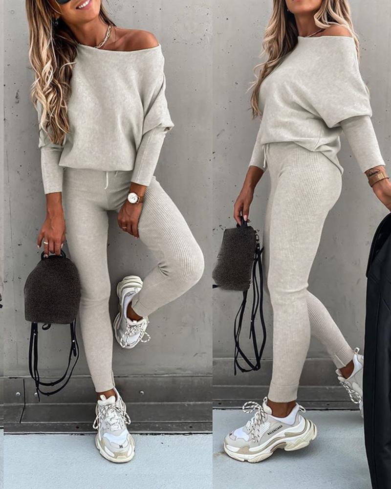 2PCS Long Sleeve Top & High Waist Drawstring Pants Set