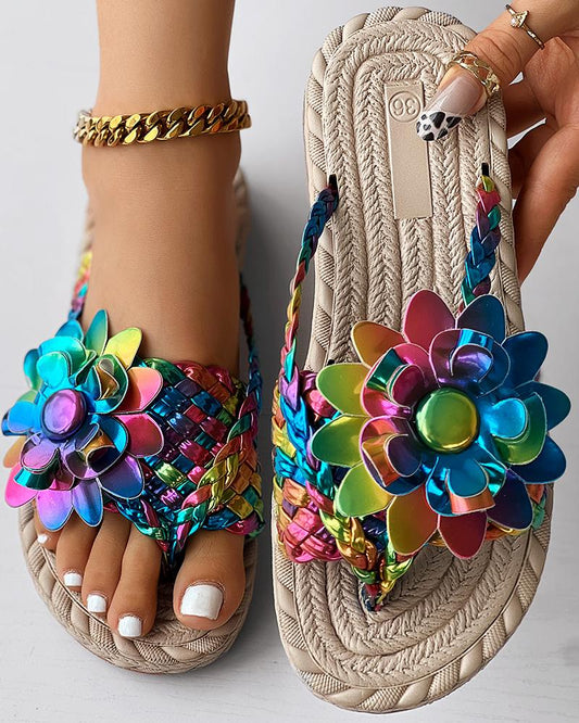 Holographic Braided Floral Pattern Toe Post Beach Flip Flops