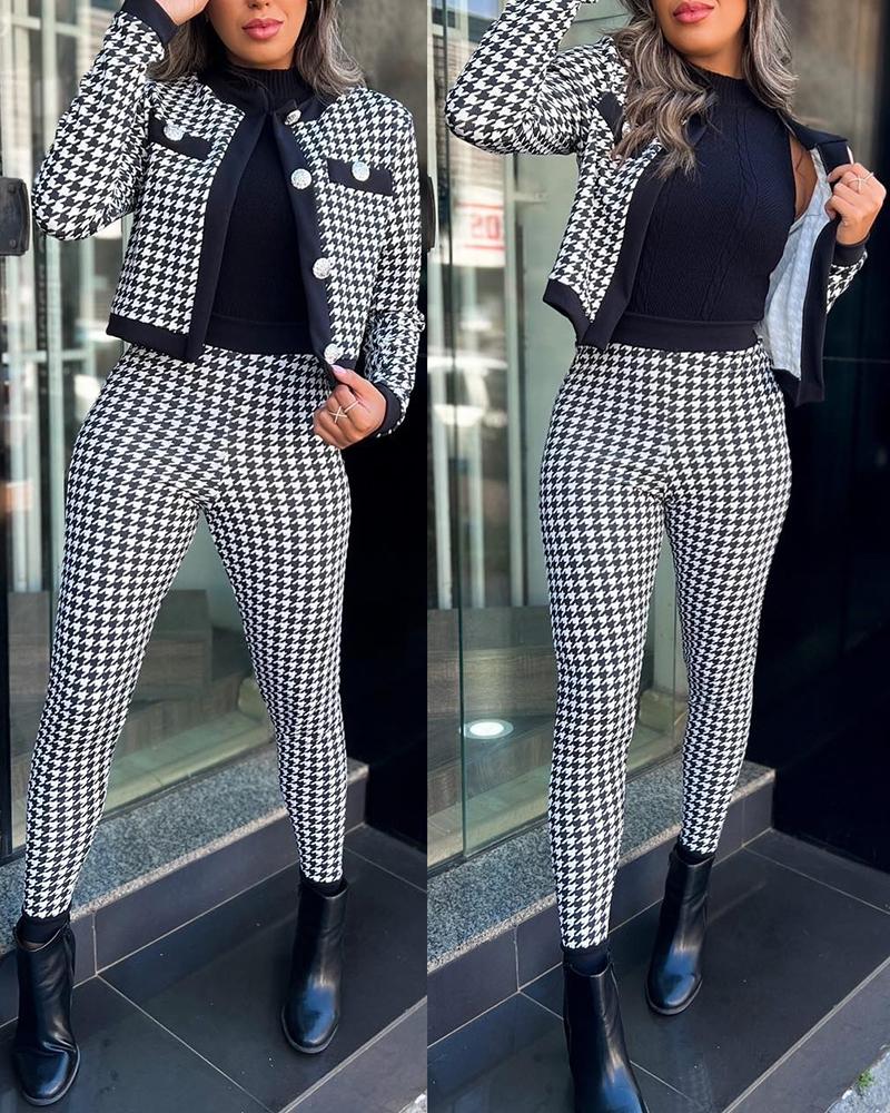 Houndstooth Print Crop Jacket & Pants Set