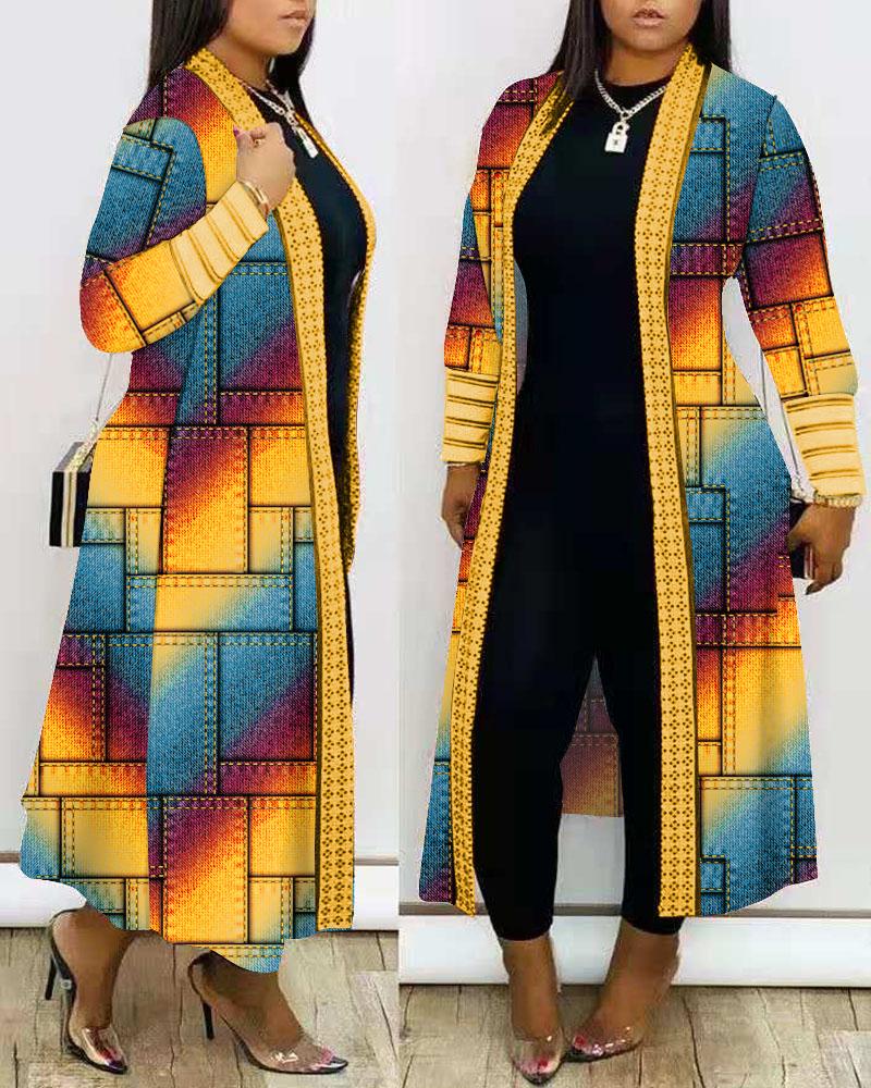 Plus Size Denim Look Print Rainbow Ombre Lace Patch Longline Coat