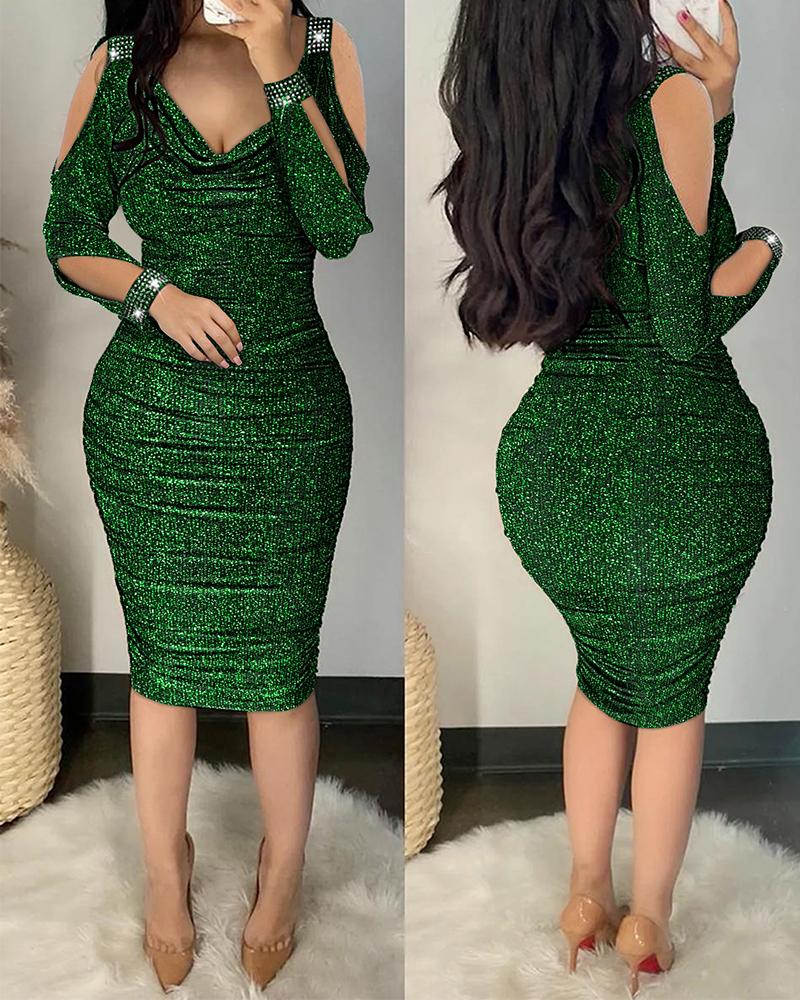 Rhinestone Cold Shoulder Ruched Glitter Bodycon Dress