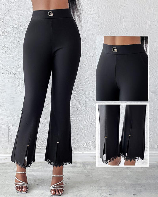 Contrast Lace Slit Hem High Waist Skinny Pants