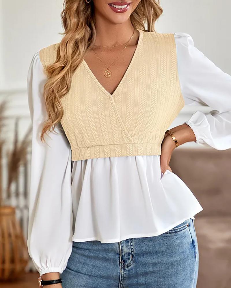 Colorblock V Neck Patchwork Knit Top