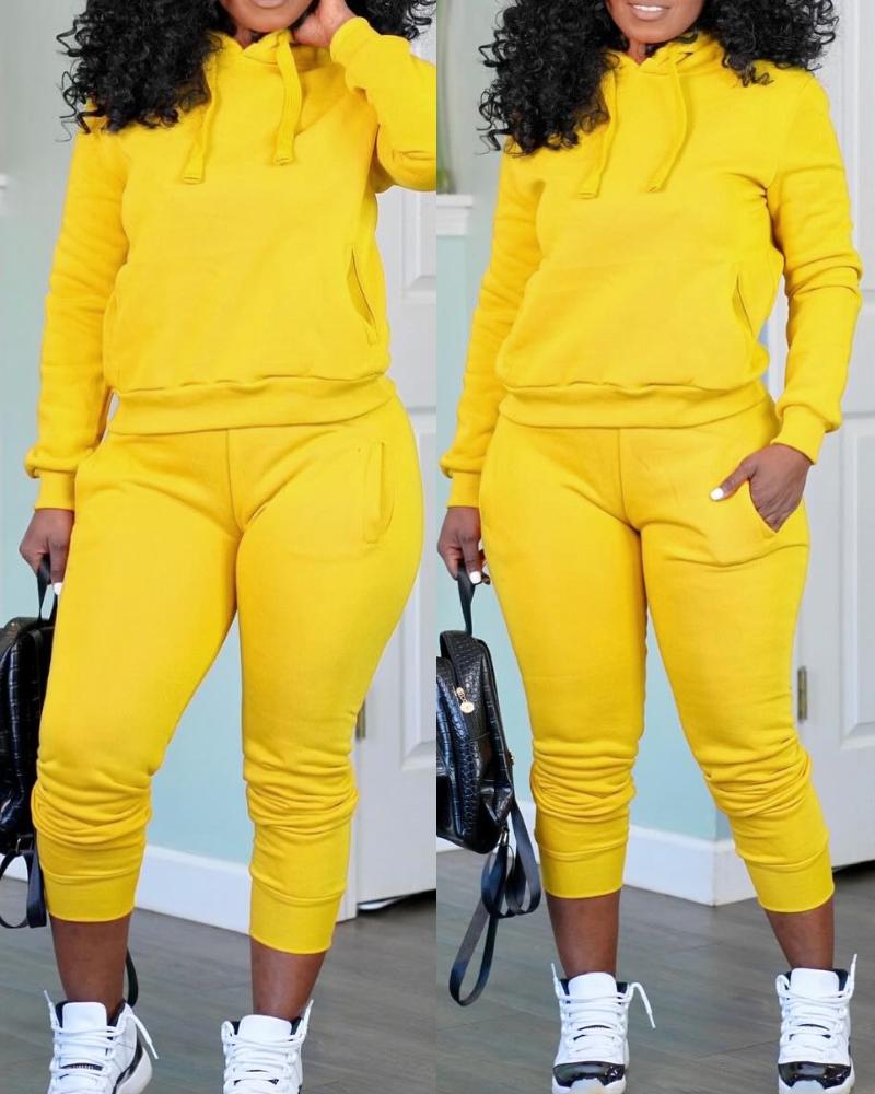 Drawstring Hooded Sweatshirt & Pocket Design Cuffed Sweatpants Set