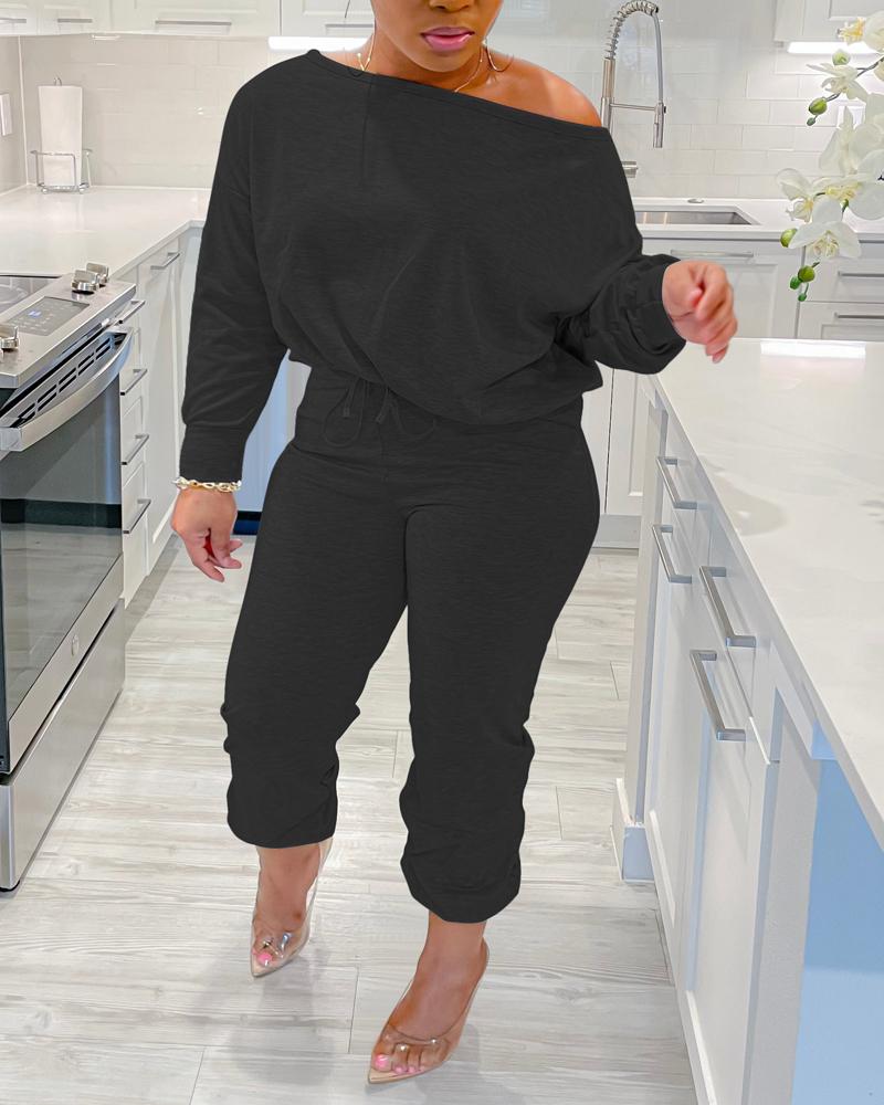 Plus Size Skew Neck Top & Drawstring Pants Set