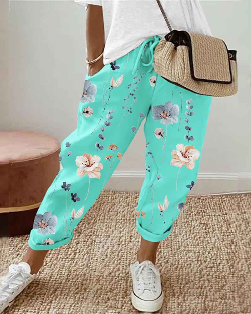 Floral Print Drawstring Cuffed Pants