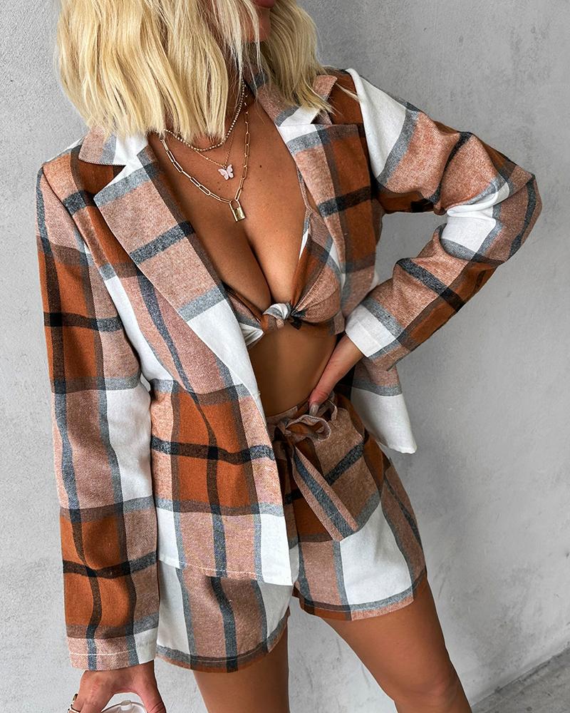 Plaid Print Buttoned Blazer Coat & Tied Detail Shorts Set With Knotted Bra