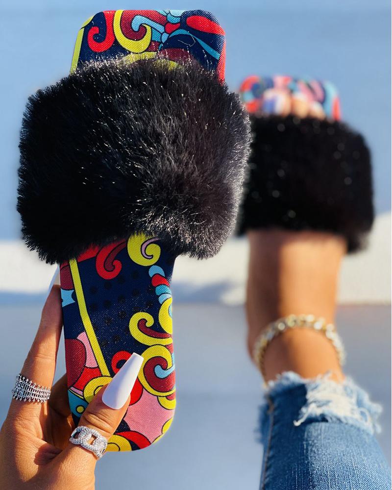 Graphic Print Fluffy Strap Square Toe Slippers