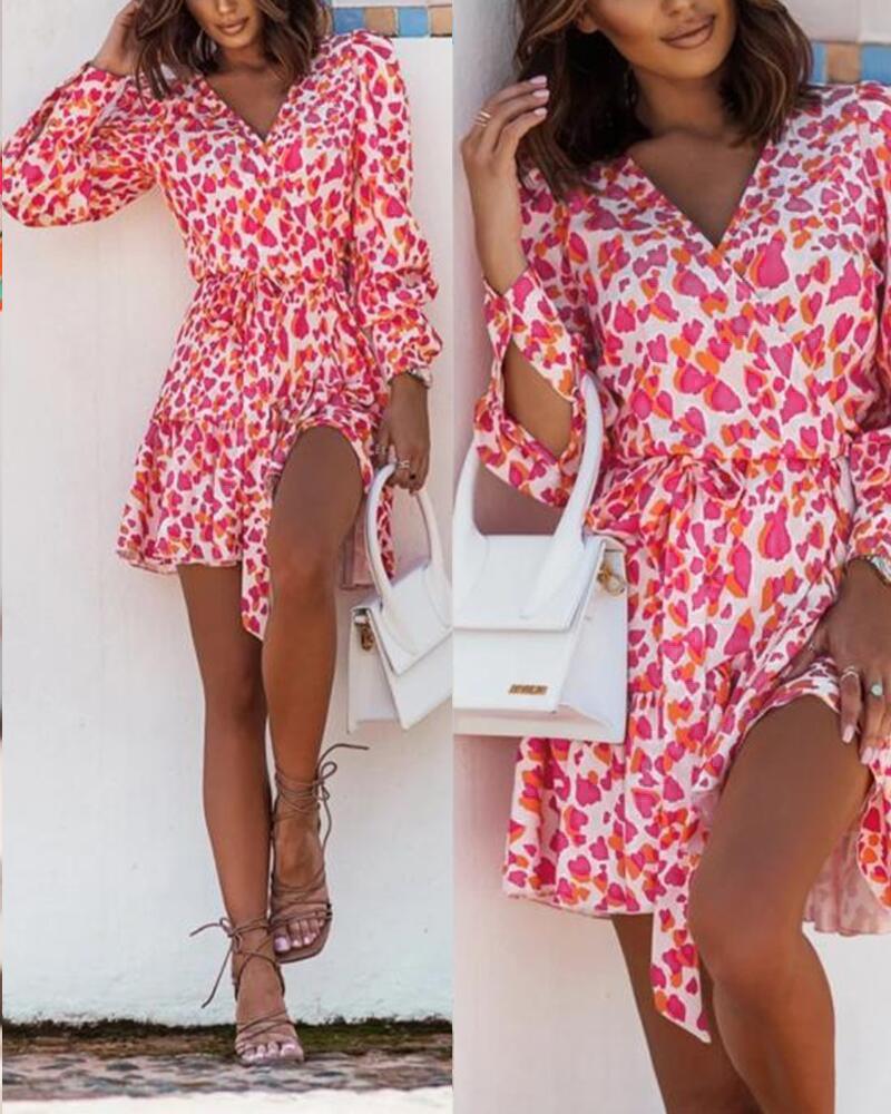 Heart Print Ruffle Hem Belted Wrap Shirt Dress