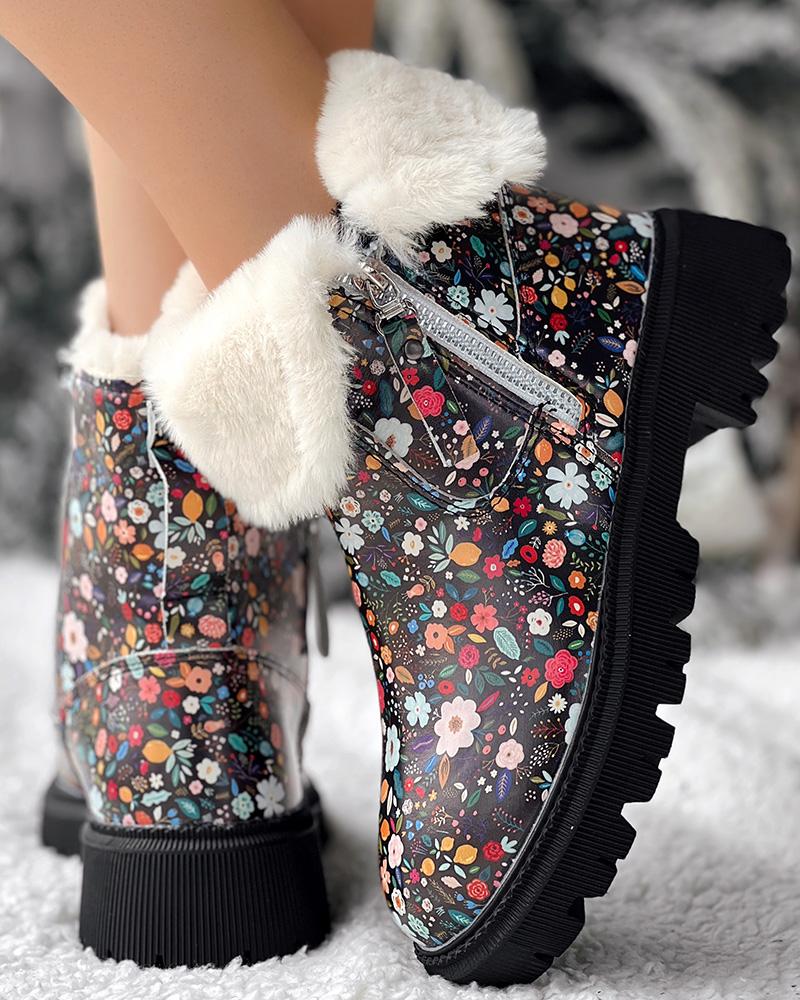 Floral Cow Print Platform Fuzzy Detail Lined Ankle Boots