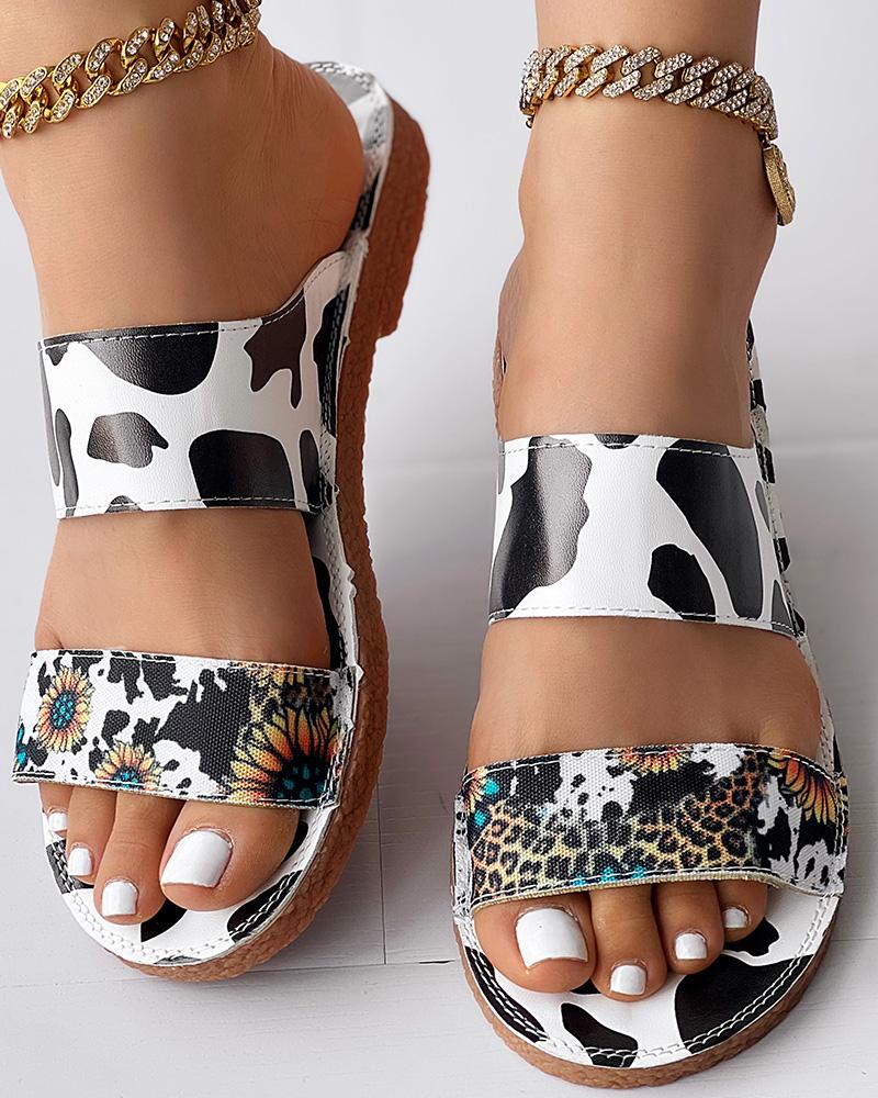 Sunflower Cow Leopard Print Double Strap Slippers Summer Sandals