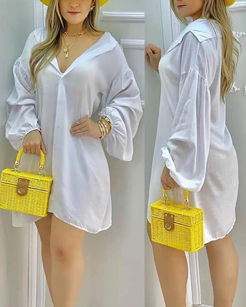 Lantern Sleeve Button Down Shirt Dress