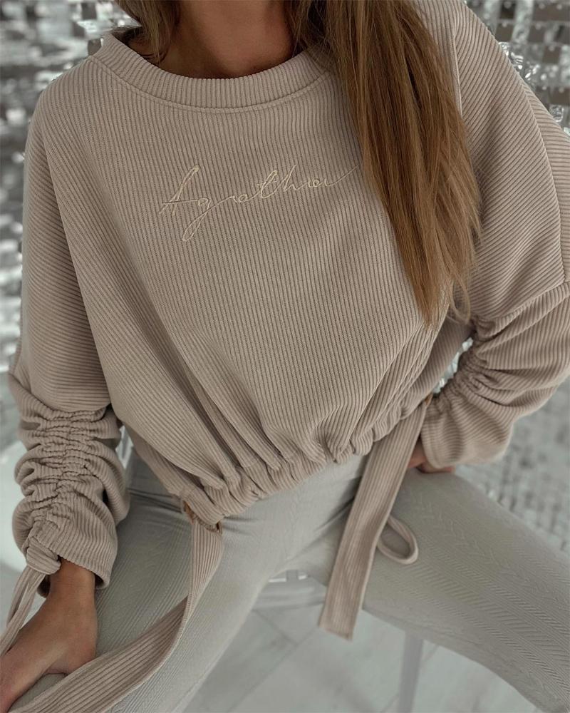 Letter Pattern Drawstring Ruched Sweatshirt