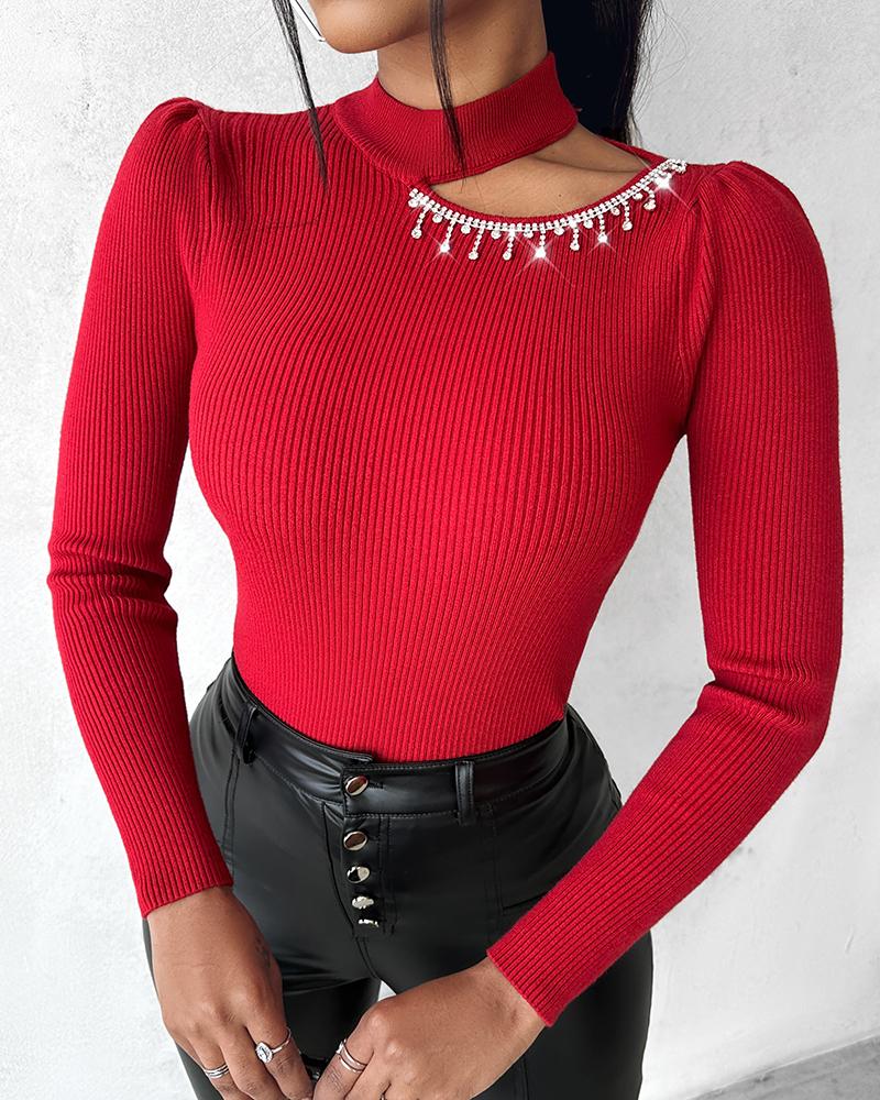 Rhinestone Tassel Design Cutout Knit Sweater