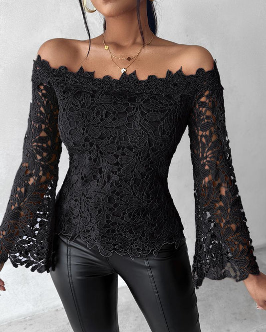 Contrast Lace Bell Sleeve Off Shoulder Top