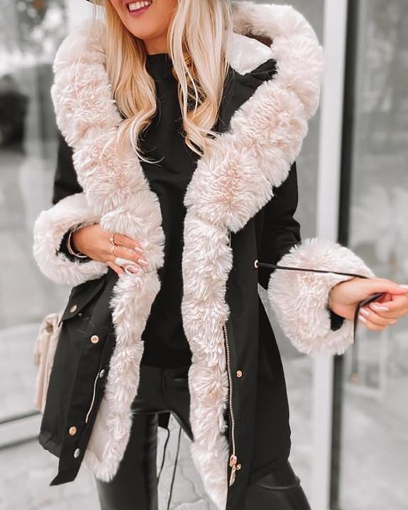 Faux Fur Patch Pocket Zipper Design Hooded Coat