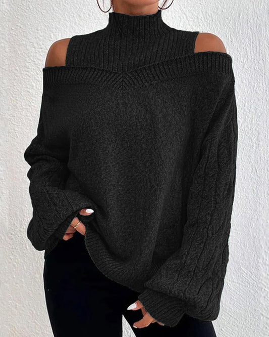 Cable Knit Lantern Sleeve Cold Shoulder Sweater