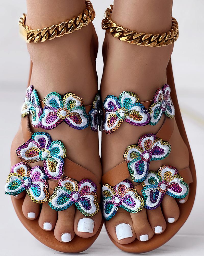 Sequin Butterfly Embroidery Slippers Summer Sandals