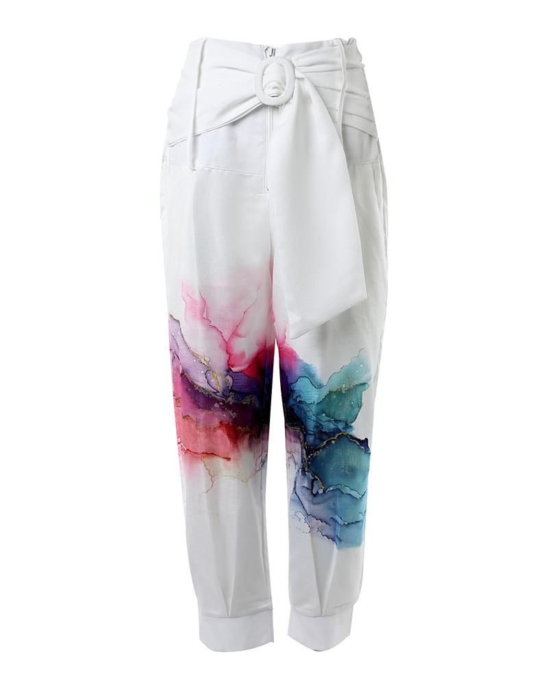 Marble Print High Waist Belted Pocket Design Pants