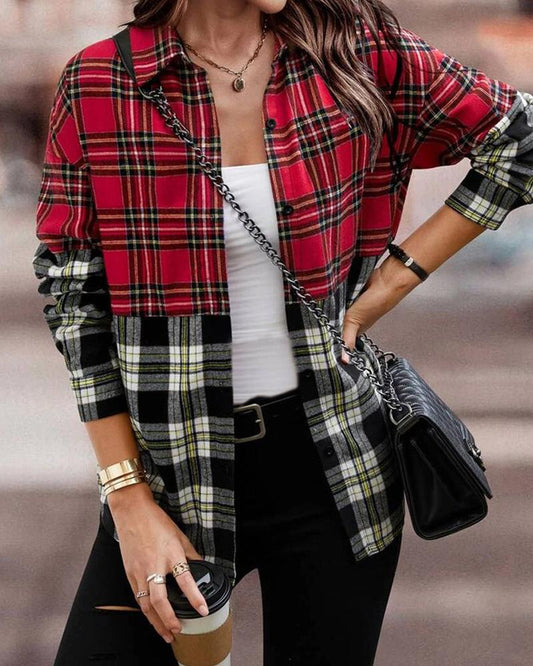 Colorblock Plaid Print Long Sleeve Button Down Shirt