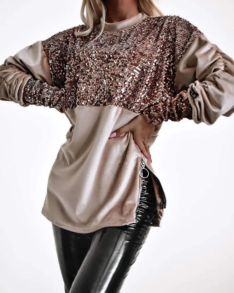 Velvet Mock Neck Sequin Patch Ruched Side Zipper Design Sweatshirt