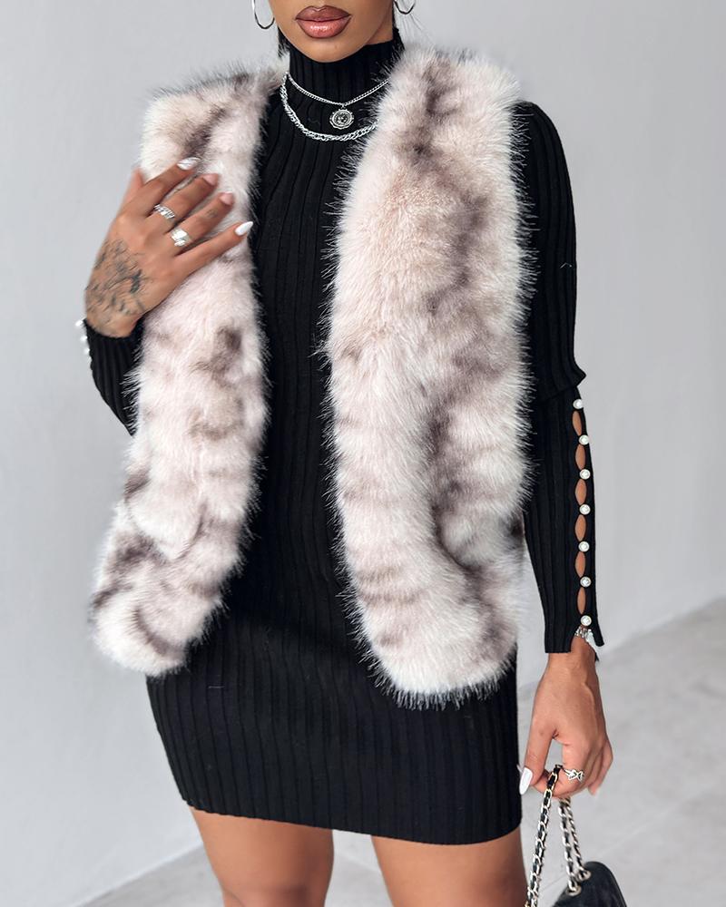 Tie Dye Pattern Open Front Fluffy Vest Coat