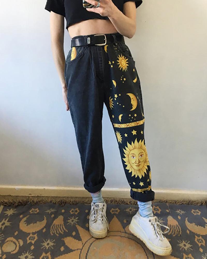 Sun & Moon Pattern High Waist Casual Jeans